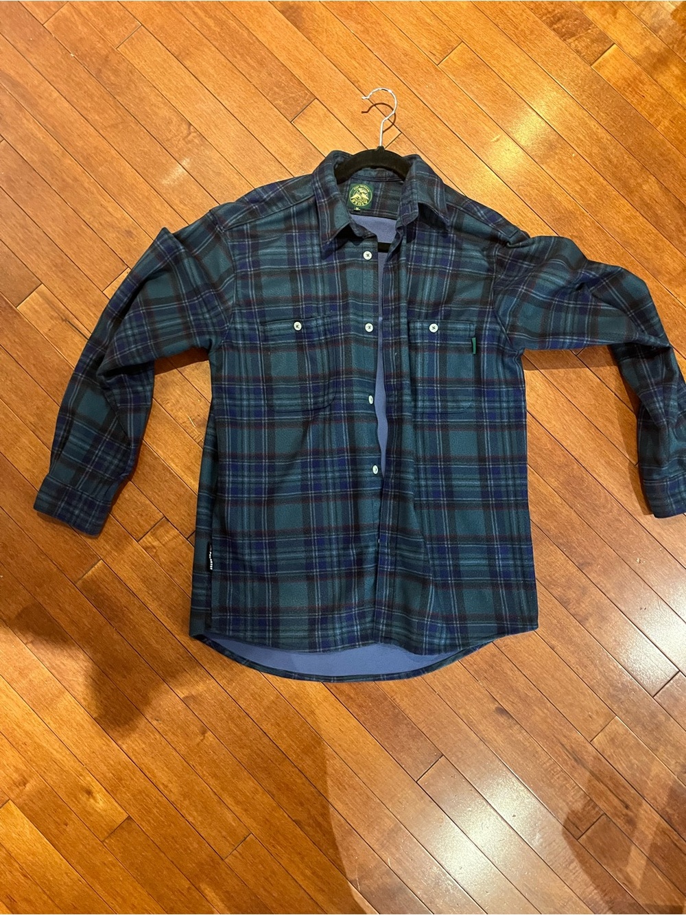 Green and Navy Plaid Button-Up Fleece Shirt